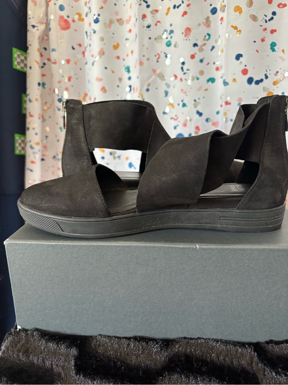 Eileen Fisher Black Nubuck Suede Crisscross Strap Flats